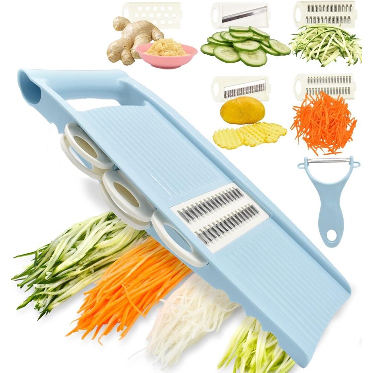 5 in 1 Mandoline Slicer for Kitchen, Vegetable Slicer Multi Blade Potato Chip, Veggie Slicer, Vegetable Cutter, Julienne Shredder and peeler For Small Job In Kitchen Blue