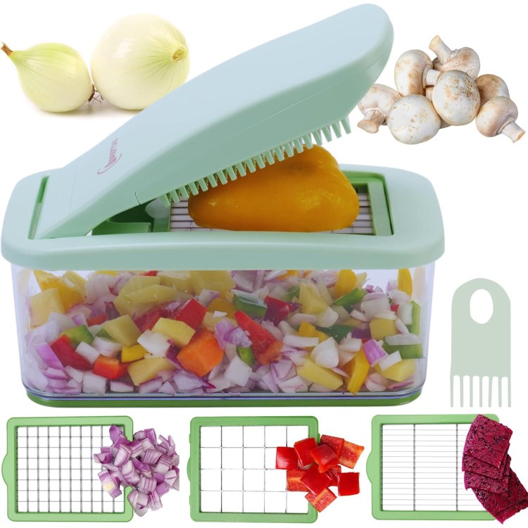 Brieftons QuickPush Food Chopper: Vegetable Chopper Dicer Slicer, Onion Chopper Vegetable Cutter, 3 Extra-Large Blades with 200% More Cutting Area to Chop Dice Slice Vegetables, 2.6-Quart Container