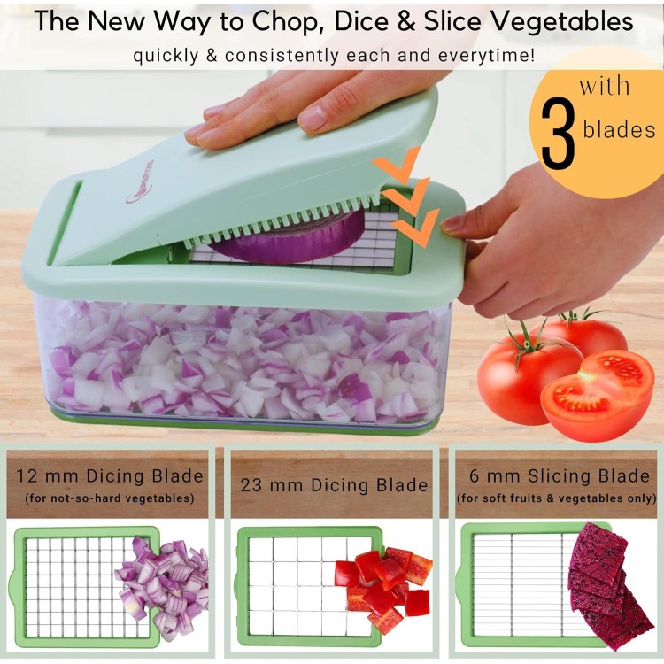 Brieftons QuickPush Food Chopper: Vegetable Chopper Dicer Slicer, Onion Chopper Vegetable Cutter, 3 Extra-Large Blades with 200% More Cutting Area to Chop Dice Slice Vegetables, 2.6-Quart Container