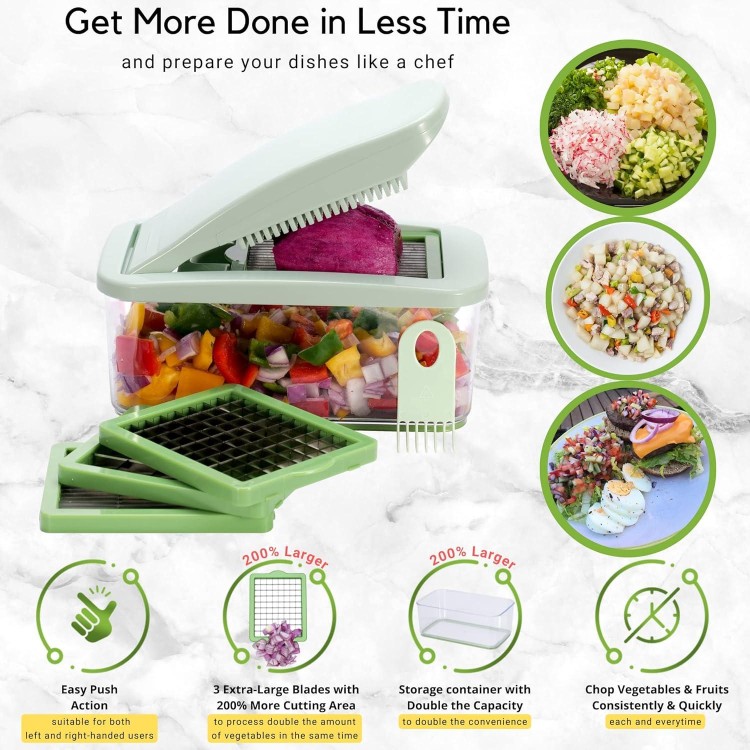 Brieftons QuickPush Food Chopper: Vegetable Chopper Dicer Slicer, Onion Chopper Vegetable Cutter, 3 Extra-Large Blades with 200% More Cutting Area to Chop Dice Slice Vegetables, 2.6-Quart Container