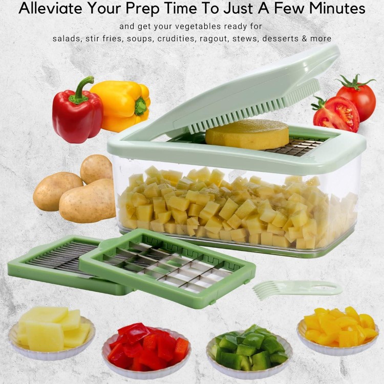 Brieftons QuickPush Food Chopper: Vegetable Chopper Dicer Slicer, Onion Chopper Vegetable Cutter, 3 Extra-Large Blades with 200% More Cutting Area to Chop Dice Slice Vegetables, 2.6-Quart Container