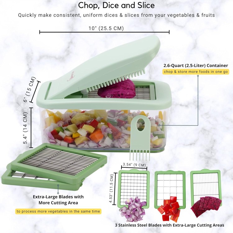 Brieftons QuickPush Food Chopper: Vegetable Chopper Dicer Slicer, Onion Chopper Vegetable Cutter, 3 Extra-Large Blades with 200% More Cutting Area to Chop Dice Slice Vegetables, 2.6-Quart Container