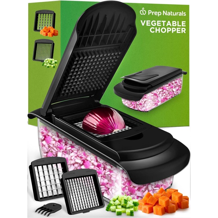 PrepNaturals Vegetable Chopper with Container, Veggie Chopper, Food Chopper & Onion Chopper - Mandoline Slicer for Kitchen (4 in 1, Black)