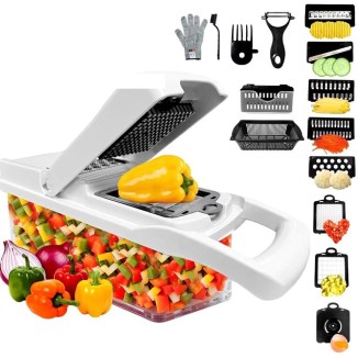 Vegetable Chopper - Cheese Grater, 9-in-1 Mandoline Slicer Chopper Vegetable Cutter, Anti-Slip Container, Safety Gloves, Chop-Cut-Spiralizer, Easy Clean