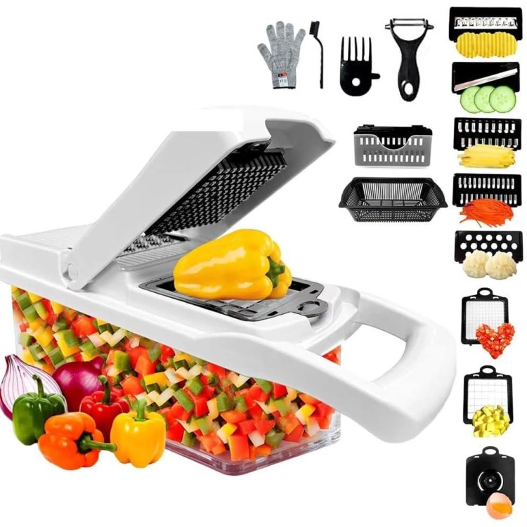 Vegetable Chopper - Cheese Grater, 9-in-1 Mandoline Slicer Chopper Vegetable Cutter, Anti-Slip Container, Safety Gloves, Chop-Cut-Spiralizer, Easy Clean