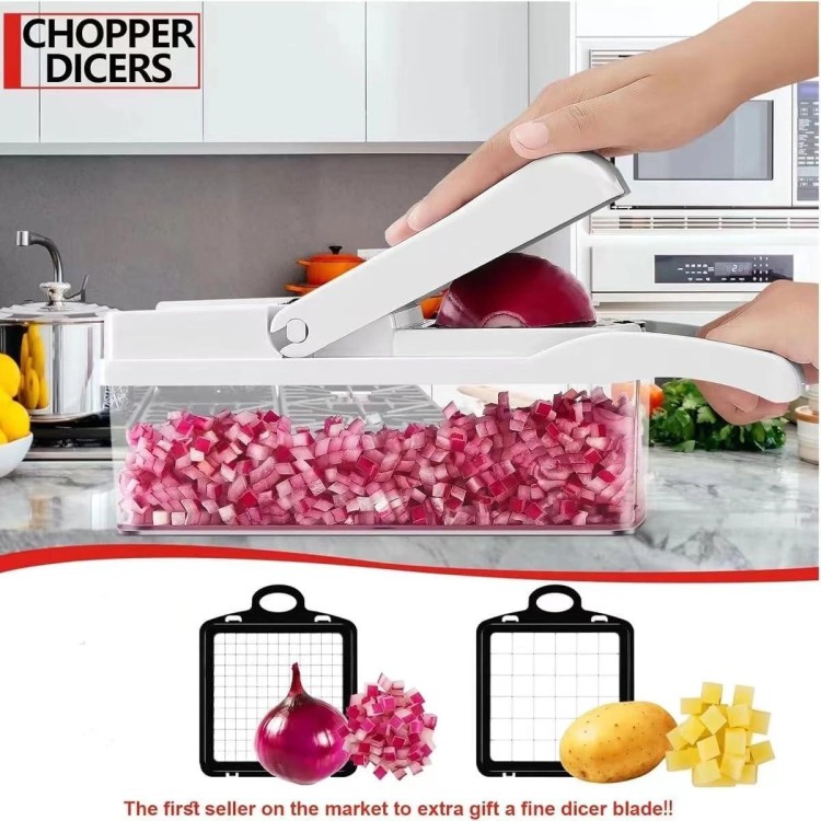 Vegetable Chopper - Cheese Grater, 9-in-1 Mandoline Slicer Chopper Vegetable Cutter, Anti-Slip Container, Safety Gloves, Chop-Cut-Spiralizer, Easy Clean