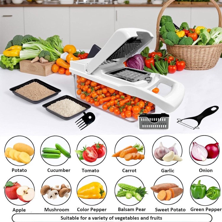 Vegetable Chopper - Cheese Grater, 9-in-1 Mandoline Slicer Chopper Vegetable Cutter, Anti-Slip Container, Safety Gloves, Chop-Cut-Spiralizer, Easy Clean