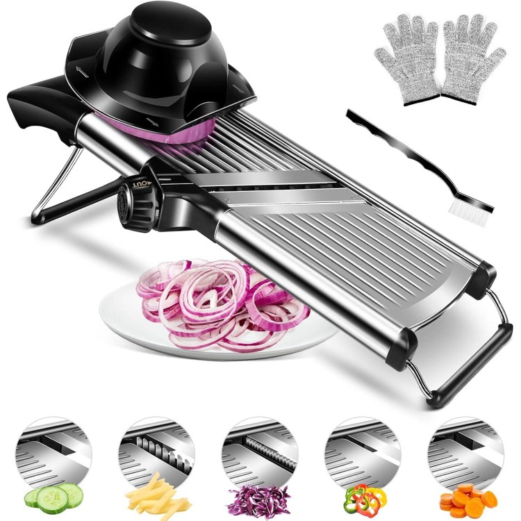 MASTERTOP Adjustable Mandoline Food Slicer Vegetable Slicer Fruit Cutter Stainless Steel Kitchen Julienne Slicer For Kitchen Waffle Fry Cut Potato Chip Vegetable Onion Cheese French Fry