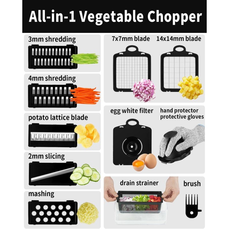 Vegetable Chopper Food Chopper Veggie Chopper Onion Chopper Kitchen Vegetable Slicer with Container Salad Cutter Multi All-in-1 Kitchen Gadgets Cheese Grater Includes Hand Guards and Gloves