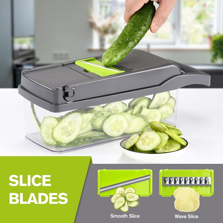 KEOUKE Vegetable Chopper 12in1 Veggie Chopper Slicer Cutter Food Dicer with Container Hand Guard Draining Basket, Grey