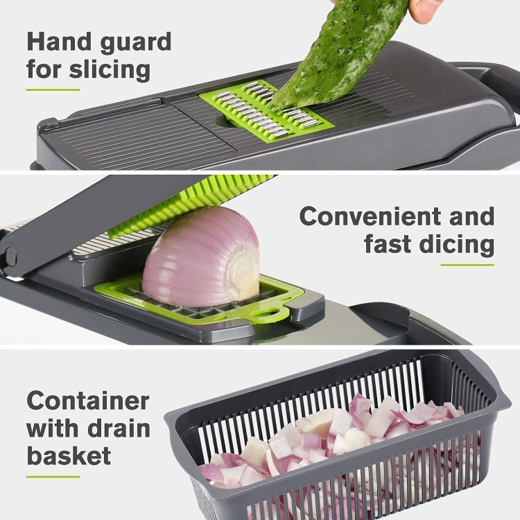 KEOUKE Vegetable Chopper 12in1 Veggie Chopper Slicer Cutter Food Dicer with Container Hand Guard Draining Basket, Grey