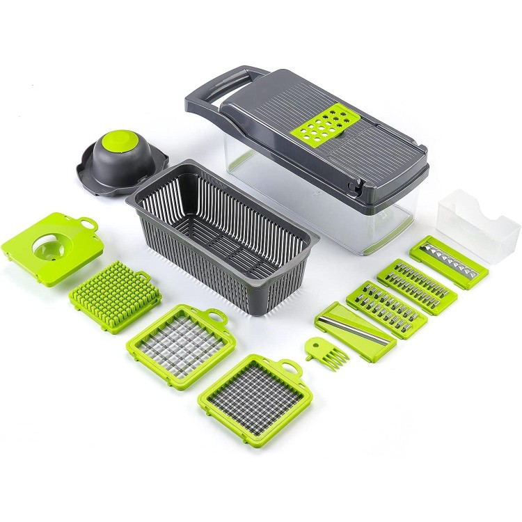 KEOUKE Vegetable Chopper 12in1 Veggie Chopper Slicer Cutter Food Dicer with Container Hand Guard Draining Basket, Grey