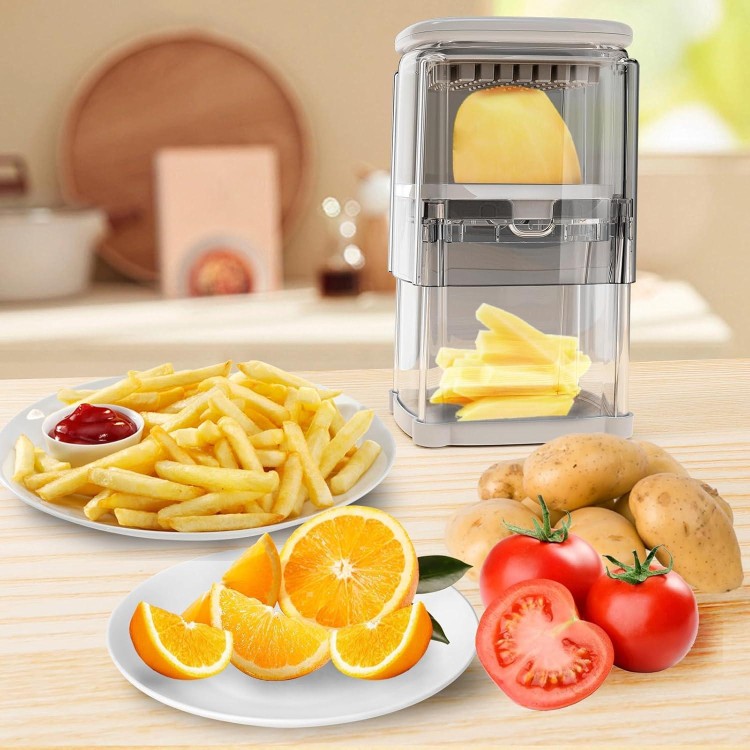 French Fry Cutter 4-in-1 Food Dicer Chop Box, Potato Cutter for Fries Potato French Fry Onion Cutter Food Chopper Manual Hand Vegetable Cutter Dicer Apple Slicer, 4 Blades