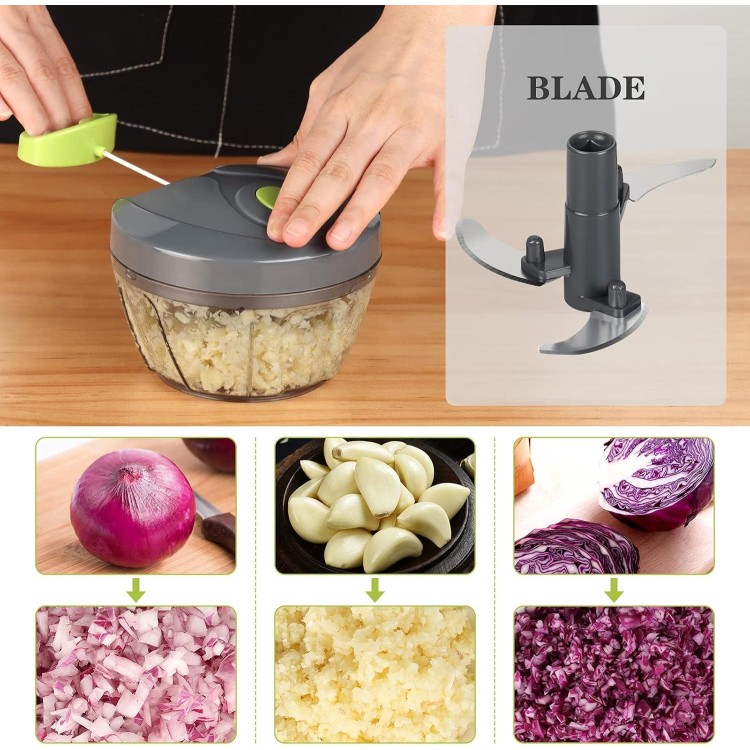 Cambom Manual Food Chopper Vegetable Cutter, Hand String Vegetable Chopper Onions Cutter for Vegetable Fruits Nuts BPA Free Food Safe Material, 550ml Gray