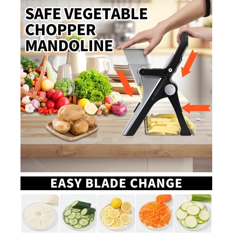 Upgrade Mandoline Slicer Safe Vegetable Chopper-Julienne Dicer for Kitchen, Potato Slicer, Adjustable Vegetable Cutter with Container, Multifunctional 6 in 1 Food Chopper (Black)