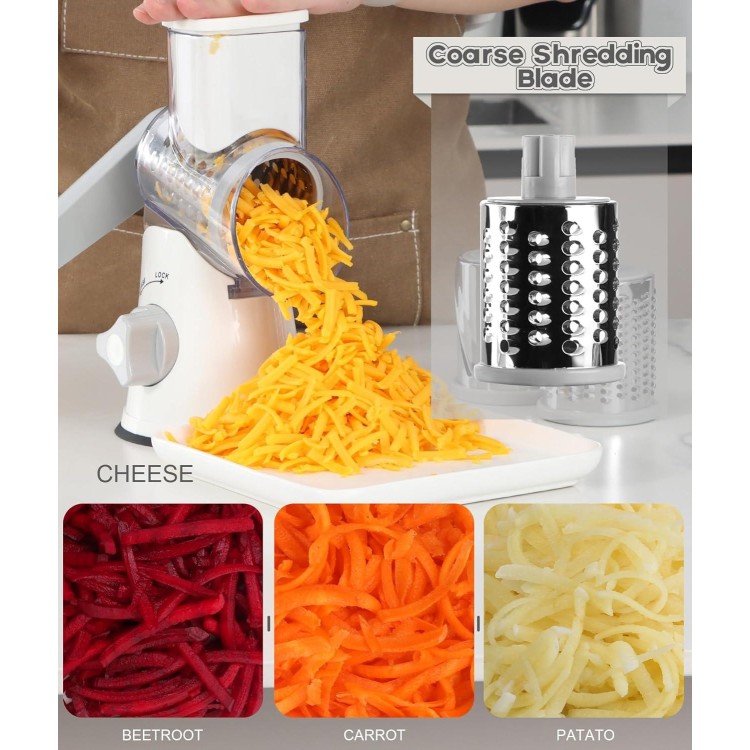 Ourokhome Rotary Cheese Grater Hand Crank, Kitchen Shredder Speed Mandolin Slicer Nuts Grinder with Handle and Drum Blades for Cheese, Vegetable, Walnuts, Chocolate, Potato, Carrot, 3 Blades, White