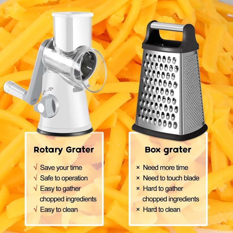 Ourokhome Rotary Cheese Grater Hand Crank, Kitchen Shredder Speed Mandolin Slicer Nuts Grinder with Handle and Drum Blades for Cheese, Vegetable, Walnuts, Chocolate, Potato, Carrot, 3 Blades, White