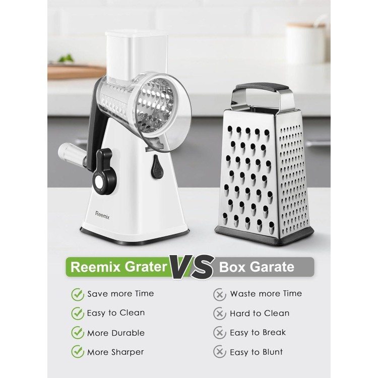 Cheese Grater, Reemix Rotary Cheese Grater with Handle, Kitchen Rotary Mandoline Vegetable Slicer with 3 Replaceable Stainless Steel Blades, for Nuts, Vegetable, Chocolate, Chesse (White)