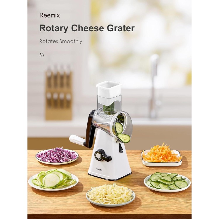 Cheese Grater, Reemix Rotary Cheese Grater with Handle, Kitchen Rotary Mandoline Vegetable Slicer with 3 Replaceable Stainless Steel Blades, for Nuts, Vegetable, Chocolate, Chesse (White)