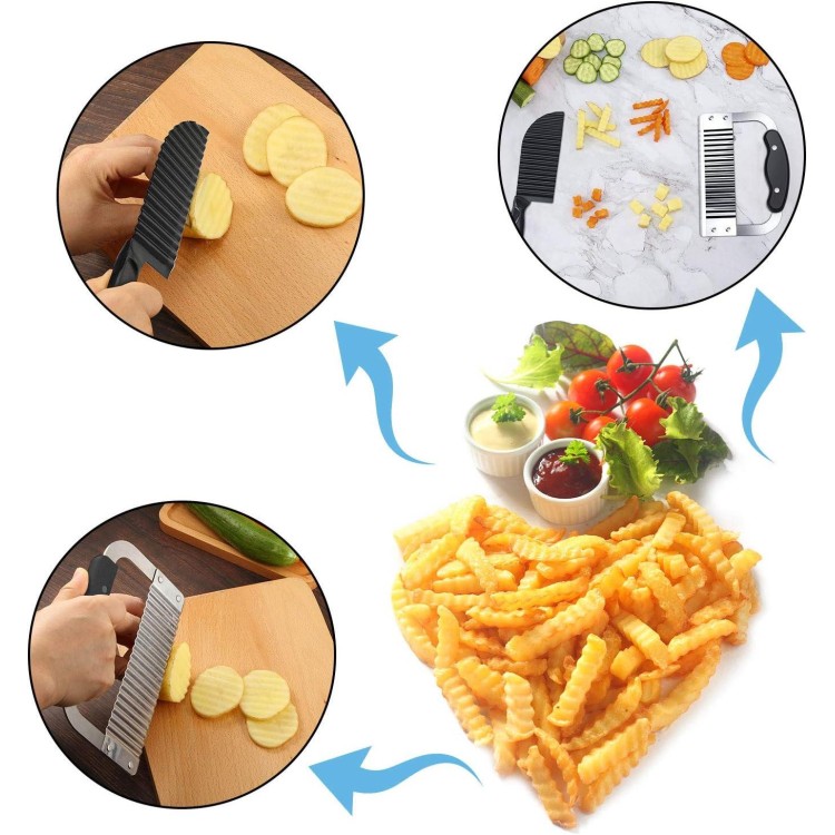 Patelai 2 Pcs Crinkle Potato Vegetable Cutter, Crinkle Cutters Knife, Stainless Steel Blade Wavy Slicer, Waffle Fry Cutter Wavy Crinkle Cutting Tool Salad Chopping Knife Soap Fruit French Fry Slicer