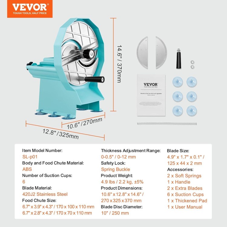 VEVOR Manual Vegetable Fruit Slicer, 0-0.5/0-12mm Thickness Adjustable Commercial Slicer Machine, Double Feed Ports, Stainless Steel Blade Food Cutter Slicing Machine for Cucumber, Lemon, Tomato