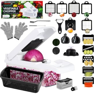 26-in-1 Vegetable Chopper with Container - Stainless Steel Blades - Slicer, Chopper, Spiral & Dicer for Veggies With Cut Resistant Glove & Cleaning Brushes, Heavy Duty Veggie Chopper - Black