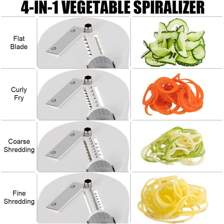 Vegetable Spiralizer 4-IN-1 Rotating Blade Veggie Spiralizer Zucchini Noodle Maker with Strong Suction Cup Spiral Vegetable Cutter Slicer - White