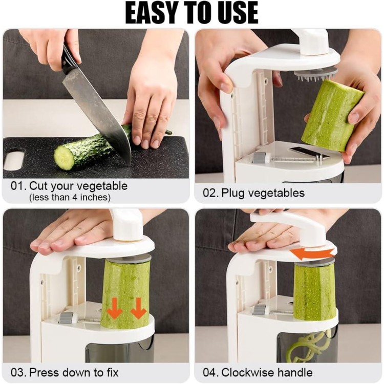 Vegetable Spiralizer 4-IN-1 Rotating Blade Veggie Spiralizer Zucchini Noodle Maker with Strong Suction Cup Spiral Vegetable Cutter Slicer - White