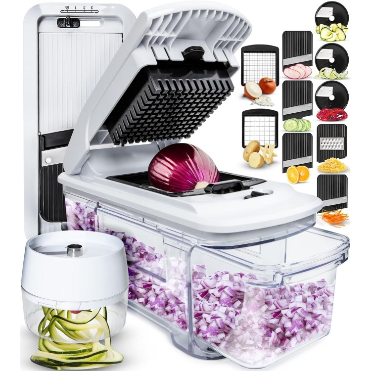 Fullstar All-in-1 Vegetable Chopper, Mandoline Slicer & Cheese Grater - French Fry Cutter & Veggie Dicer - Cheese Slicer - Includes Bonus Handheld Spiralizer (6 in 1, Black/White)