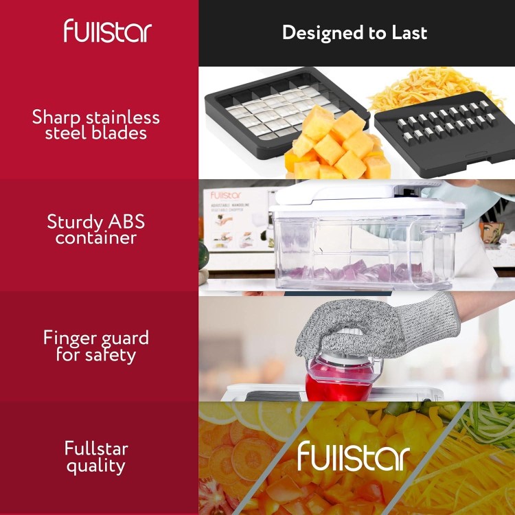 Fullstar All-in-1 Vegetable Chopper, Mandoline Slicer & Cheese Grater - French Fry Cutter & Veggie Dicer - Cheese Slicer - Includes Bonus Handheld Spiralizer (6 in 1, Black/White)