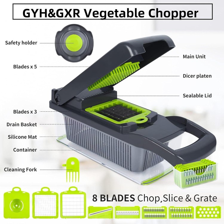 GYH&GXR Vegetable Chopper with Container, Onion Cutter, Multifuctional Chopper, Vegetable Slicer Dicer Cutter, Vegetable Chopper With 8 Blades, Food Salad Chopper Potato Slicer.