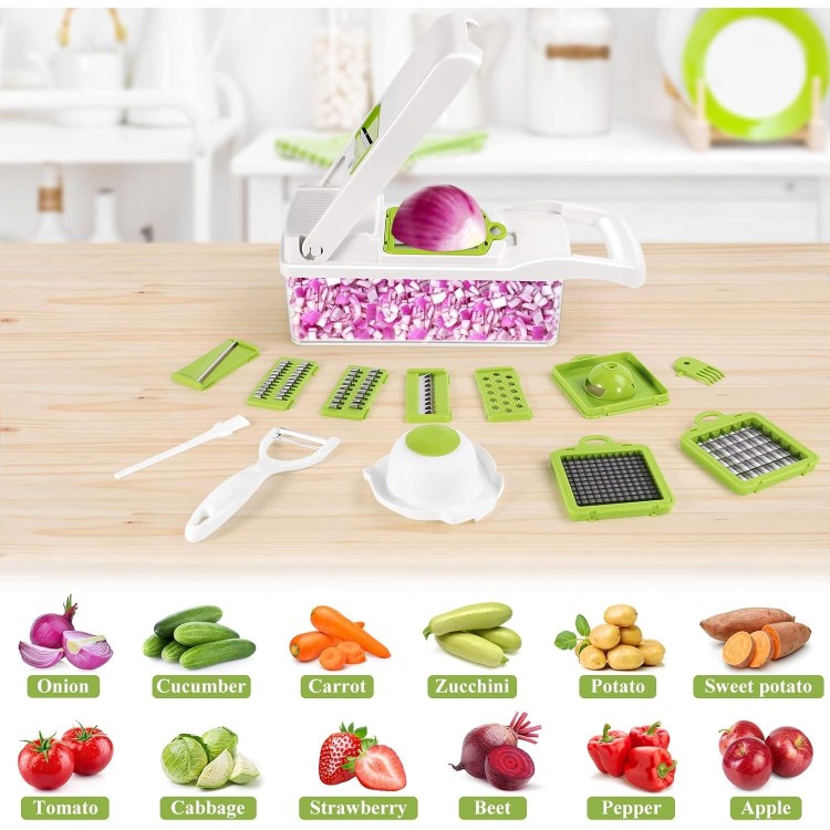 VRJISZTA 13 in 1 Kitchen Vegetable Chopper Slicer Dicer, Food Chopper/Cutter, veggie Chopper with 8 Blades, Storage Container for Egg Onion Tomato Potato Carrot Salad