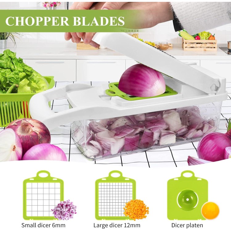 VRJISZTA 13 in 1 Kitchen Vegetable Chopper Slicer Dicer, Food Chopper/Cutter, veggie Chopper with 8 Blades, Storage Container for Egg Onion Tomato Potato Carrot Salad