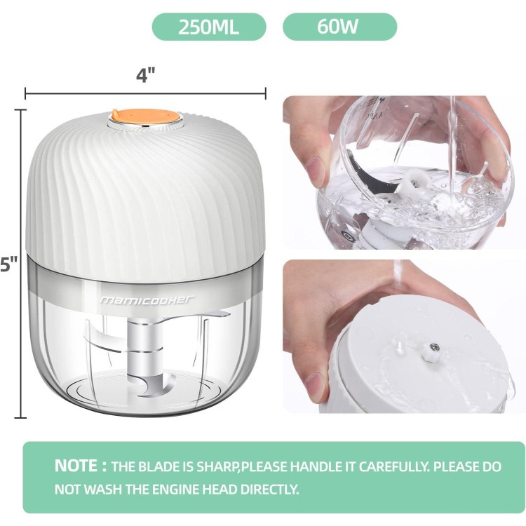 Electric Garlic Chopper, Mini Portable Veggie Chopper, 250ML Garlic Grinder Masher Onion Chopper, Blender to Vegetable, Wireless Food Processor for Ginger, Chili, Fruit, Meat, etc