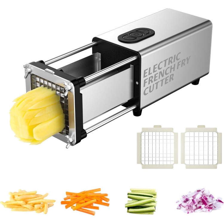 SIXRARI Electric French Fry Cutter, Automatic Fry Cutter Stainless Steel with 1/2 & 3/8 Inch Blade for Homemade Fries, french fry cutter for Potatoes,Vegetable Cutter, House Warming Gifts (silver)