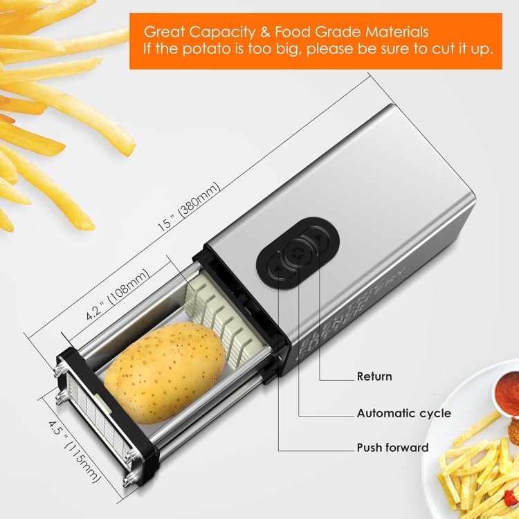 SIXRARI Electric French Fry Cutter, Automatic Fry Cutter Stainless Steel with 1/2 & 3/8 Inch Blade for Homemade Fries, french fry cutter for Potatoes,Vegetable Cutter, House Warming Gifts (silver)