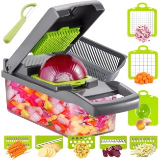 DLD Vegetable Chopper, 12 in 1 Professional Mandoline Slicer for Kitchen, Multifunctional Food Chopper Cutter for Onion, Potato, Tomato, Veggie with 8 blades and Strainer Basket (Gray)