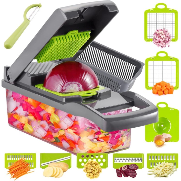 DLD Vegetable Chopper, 12 in 1 Professional Mandoline Slicer for Kitchen, Multifunctional Food Chopper Cutter for Onion, Potato, Tomato, Veggie with 8 blades and Strainer Basket (Gray)