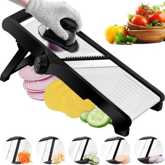 Mandoline Food Slicer, Adjustable Mandoline Slicer for Kitchen, Stainless Steel Mandolin Vegetable Chopper for Potato, Vegetable Slicer Julienne Cutter with Cut-Resistant Gloves, Black