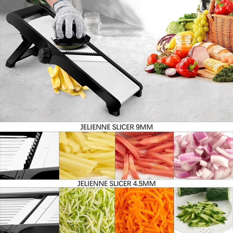 Mandoline Food Slicer, Adjustable Mandoline Slicer for Kitchen, Stainless Steel Mandolin Vegetable Chopper for Potato, Vegetable Slicer Julienne Cutter with Cut-Resistant Gloves, Black