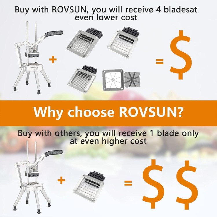 ROVSUN Commercial Vegetable Chopper French Fry Cutter with 4 Blades, Potato Slicer Fruit Chopper Stainless Steel with 1/2, 3/8, 1/4 & 8-Wedge Blades and Pusher Blocks for Restaurant, Home & Kitchen