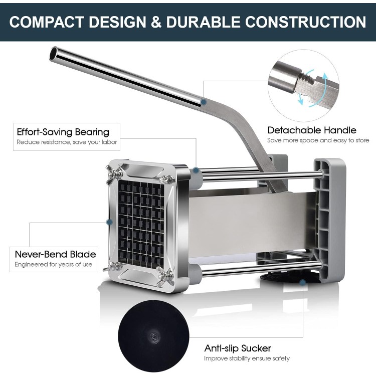 French Fry Cutter, Sopito Professional Potato Cutter Stainless Steel with 1/2-Inch and 3/8-Inch Blade Great for Potatoes Carrots Cucumbers