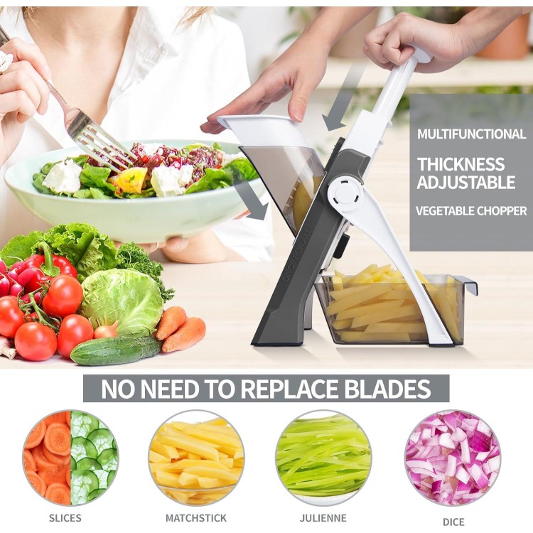 Safe Mandoline Slicer for Kitchen, 5 in 1 Vegetable Food Chopper, Potato French Fry Cutter, Fruit Slicer, Adjustable Thickness 0.1-8 mm, Kitchen Chopping Artifact Fast Meal Prep (Gray)