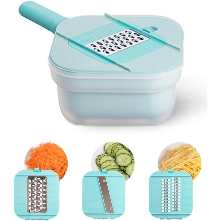 Brigii Vegetable Chopper, Mandoline Slicer with 3 Blades and a Garlic Plate Grater, Chopper Vegetable Cutter for Potatoes, Cucumbers, Carrots, Onions-Blue