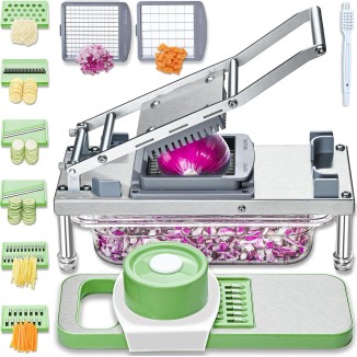 All-in-1 Vegetable Chopper with 8 Blades - Mandoline Slicer - Pro Food Chopper with Container - Veggie Salad Onion Chopper - Potatoe Dicer French Fry Cutter - Cheese Grater - Stainless Steel material