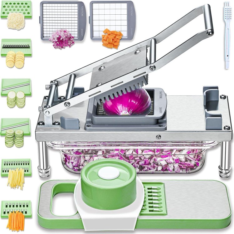 All-in-1 Vegetable Chopper with 8 Blades - Mandoline Slicer - Pro Food Chopper with Container - Veggie Salad Onion Chopper - Potatoe Dicer French Fry Cutter - Cheese Grater - Stainless Steel material