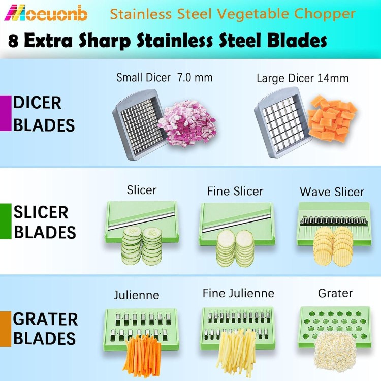 All-in-1 Vegetable Chopper with 8 Blades - Mandoline Slicer - Pro Food Chopper with Container - Veggie Salad Onion Chopper - Potatoe Dicer French Fry Cutter - Cheese Grater - Stainless Steel material