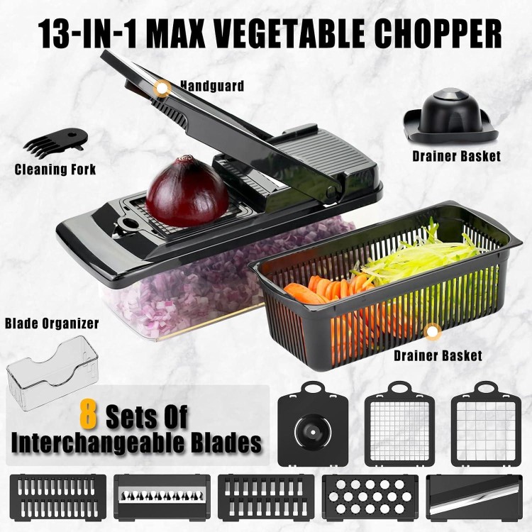 Vegetable Chopper/Cutter/Dicer-Veggie Chopper/Slicer-Onion Chopper-Salad Chopper-Food Chopper With Container (13 in1 Black)