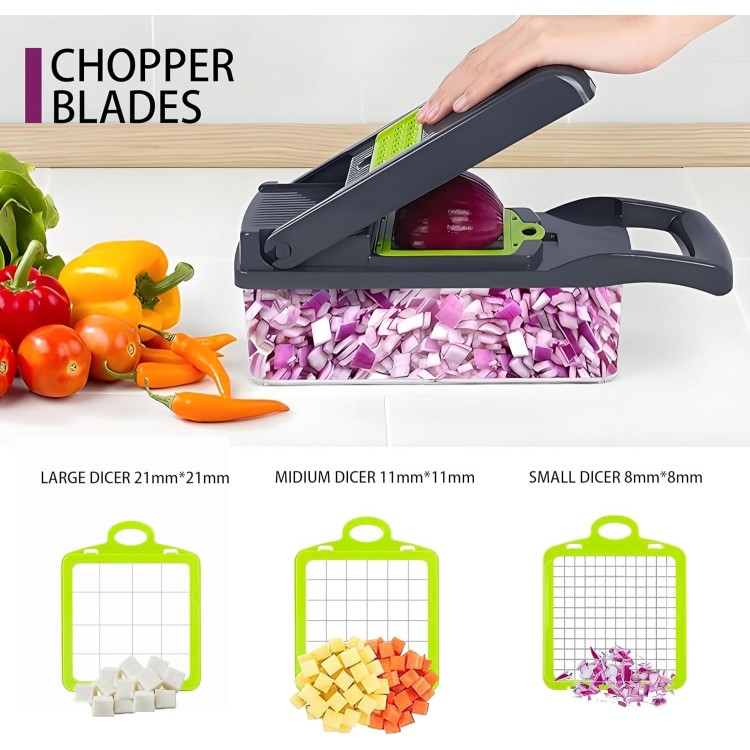 Vegetable Chopper with 9 blades and Strainer Basket, 17 in 1 Professional Mandoline Slicer for Kitchen, Multifunctional Food Chopper Cutter for Onion, Potato, Salad, Veggie