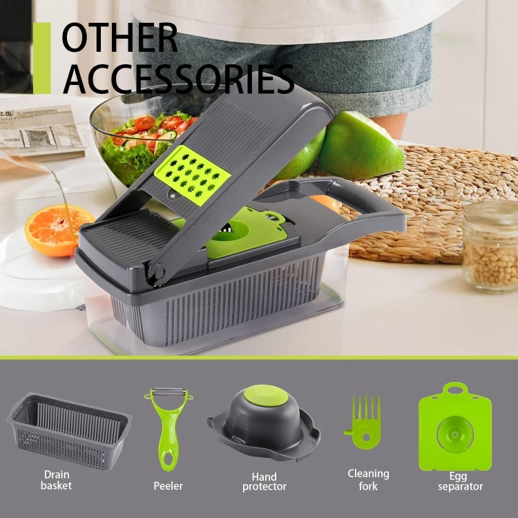 Vegetable Chopper with 9 blades and Strainer Basket, 17 in 1 Professional Mandoline Slicer for Kitchen, Multifunctional Food Chopper Cutter for Onion, Potato, Salad, Veggie